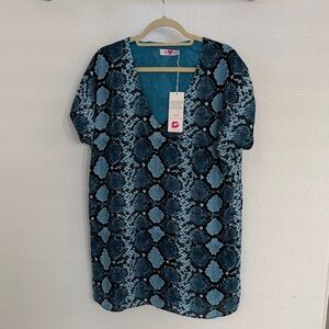 Buddy Love Teal and Black Snake Print V-Neck Dress